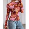 imagePRETTYGARDEN Womens 2025 Fall Mesh Floral Blouses Long Sleeve Going Out Tops Slim Fitted Shirts Date Night OutfitsFloral Brown Orange