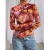 imagePRETTYGARDEN Womens 2025 Fall Mesh Floral Blouses Long Sleeve Going Out Tops Slim Fitted Shirts Date Night OutfitsFloral Brown Orange