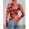 imagePRETTYGARDEN Womens 2025 Fall Mesh Floral Blouses Long Sleeve Going Out Tops Slim Fitted Shirts Date Night OutfitsFloral Brown Orange