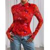 imagePRETTYGARDEN Womens 2025 Fall Mesh Floral Blouses Long Sleeve Going Out Tops Slim Fitted Shirts Date Night OutfitsFloral Orange Red
