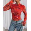imagePRETTYGARDEN Womens 2025 Fall Mesh Floral Blouses Long Sleeve Going Out Tops Slim Fitted Shirts Date Night OutfitsFloral Orange Red