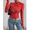 imagePRETTYGARDEN Womens 2025 Fall Mesh Floral Blouses Long Sleeve Going Out Tops Slim Fitted Shirts Date Night OutfitsFloral Orange Red