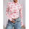 imagePRETTYGARDEN Womens 2025 Fall Mesh Floral Blouses Long Sleeve Going Out Tops Slim Fitted Shirts Date Night OutfitsFloral Pink