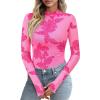 imagePRETTYGARDEN Womens 2025 Fall Mesh Floral Blouses Long Sleeve Going Out Tops Slim Fitted Shirts Date Night OutfitsFloral Pink Rose Red