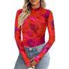 imagePRETTYGARDEN Womens 2025 Fall Mesh Floral Blouses Long Sleeve Going Out Tops Slim Fitted Shirts Date Night OutfitsFloral Red Purple
