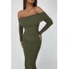 imagePRETTYGARDEN Womens Fall Off The Shoulder Maxi Dress Spring Long Sleeve Ruched Fitted Bodycon Club Dresses with SlitArmy Green