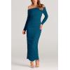imagePRETTYGARDEN Womens Fall Off The Shoulder Maxi Dress Spring Long Sleeve Ruched Fitted Bodycon Club Dresses with SlitLake Blue