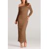 imagePRETTYGARDEN Womens Fall Off The Shoulder Maxi Dress Spring Long Sleeve Ruched Fitted Bodycon Club Dresses with SlitLight Brown