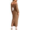 imagePRETTYGARDEN Womens Fall Off The Shoulder Maxi Dress Spring Long Sleeve Ruched Fitted Bodycon Club Dresses with SlitLight Brown