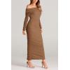 imagePRETTYGARDEN Womens Fall Off The Shoulder Maxi Dress Spring Long Sleeve Ruched Fitted Bodycon Club Dresses with SlitLight Brown
