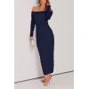 imagePRETTYGARDEN Womens Fall Off The Shoulder Maxi Dress Spring Long Sleeve Ruched Fitted Bodycon Club Dresses with SlitNavy