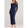 imagePRETTYGARDEN Womens Fall Off The Shoulder Maxi Dress Spring Long Sleeve Ruched Fitted Bodycon Club Dresses with SlitNavy