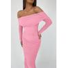imagePRETTYGARDEN Womens Fall Off The Shoulder Maxi Dress Spring Long Sleeve Ruched Fitted Bodycon Club Dresses with SlitPink