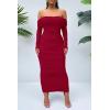 imagePRETTYGARDEN Womens Fall Off The Shoulder Maxi Dress Spring Long Sleeve Ruched Fitted Bodycon Club Dresses with SlitRed
