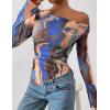 imagePRETTYGARDEN Womens Fall Trendy Off Shoulder Y2k Tops 2025 Tie Dye Mesh Long Sleeve Shirts Asymmetrical Ruched Floral BlouseBlue Watercolour