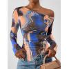 imagePRETTYGARDEN Womens Fall Trendy Off Shoulder Y2k Tops 2025 Tie Dye Mesh Long Sleeve Shirts Asymmetrical Ruched Floral BlouseBlue Watercolour