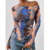 imagePRETTYGARDEN Womens Fall Trendy Off Shoulder Y2k Tops 2025 Tie Dye Mesh Long Sleeve Shirts Asymmetrical Ruched Floral BlouseBlue Watercolour