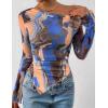 imagePRETTYGARDEN Womens Fall Trendy Off Shoulder Y2k Tops 2025 Tie Dye Mesh Long Sleeve Shirts Asymmetrical Ruched Floral BlouseBlue Watercolour