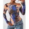 imagePRETTYGARDEN Womens Fall Trendy Off Shoulder Y2k Tops 2025 Tie Dye Mesh Long Sleeve Shirts Asymmetrical Ruched Floral BlouseBlue Watercolour