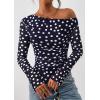 imagePRETTYGARDEN Womens Fall Trendy Off Shoulder Y2k Tops 2025 Tie Dye Mesh Long Sleeve Shirts Asymmetrical Ruched Floral BlouseDot Navy Blue White