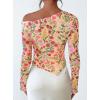 imagePRETTYGARDEN Womens Fall Trendy Off Shoulder Y2k Tops 2025 Tie Dye Mesh Long Sleeve Shirts Asymmetrical Ruched Floral BlouseFloral Apricot Multi