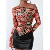 imagePRETTYGARDEN Womens Fall Trendy Off Shoulder Y2k Tops 2025 Tie Dye Mesh Long Sleeve Shirts Asymmetrical Ruched Floral BlouseFloral Black Multicolored