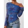imagePRETTYGARDEN Womens Fall Trendy Off Shoulder Y2k Tops 2025 Tie Dye Mesh Long Sleeve Shirts Asymmetrical Ruched Floral BlouseFloral Blue