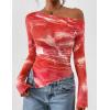 imagePRETTYGARDEN Womens Fall Trendy Off Shoulder Y2k Tops 2025 Tie Dye Mesh Long Sleeve Shirts Asymmetrical Ruched Floral BlouseFloral Brick Red