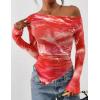 imagePRETTYGARDEN Womens Fall Trendy Off Shoulder Y2k Tops 2025 Tie Dye Mesh Long Sleeve Shirts Asymmetrical Ruched Floral BlouseFloral Brick Red