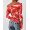 imagePRETTYGARDEN Womens Fall Trendy Off Shoulder Y2k Tops 2025 Tie Dye Mesh Long Sleeve Shirts Asymmetrical Ruched Floral BlouseFloral Brick Red
