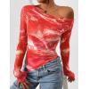 imagePRETTYGARDEN Womens Fall Trendy Off Shoulder Y2k Tops 2025 Tie Dye Mesh Long Sleeve Shirts Asymmetrical Ruched Floral BlouseFloral Brick Red