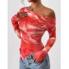 imagePRETTYGARDEN Womens Fall Trendy Off Shoulder Y2k Tops 2025 Tie Dye Mesh Long Sleeve Shirts Asymmetrical Ruched Floral BlouseFloral Brick Red