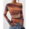 imagePRETTYGARDEN Womens Fall Trendy Off Shoulder Y2k Tops 2025 Tie Dye Mesh Long Sleeve Shirts Asymmetrical Ruched Floral BlouseFloral Brown