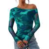 imagePRETTYGARDEN Womens Fall Trendy Off Shoulder Y2k Tops 2025 Tie Dye Mesh Long Sleeve Shirts Asymmetrical Ruched Floral BlouseFloral Lake Blue