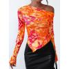 imagePRETTYGARDEN Womens Fall Trendy Off Shoulder Y2k Tops 2025 Tie Dye Mesh Long Sleeve Shirts Asymmetrical Ruched Floral BlouseFloral Orange