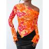 imagePRETTYGARDEN Womens Fall Trendy Off Shoulder Y2k Tops 2025 Tie Dye Mesh Long Sleeve Shirts Asymmetrical Ruched Floral BlouseFloral Orange