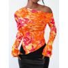 imagePRETTYGARDEN Womens Fall Trendy Off Shoulder Y2k Tops 2025 Tie Dye Mesh Long Sleeve Shirts Asymmetrical Ruched Floral BlouseFloral Orange