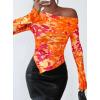 imagePRETTYGARDEN Womens Fall Trendy Off Shoulder Y2k Tops 2025 Tie Dye Mesh Long Sleeve Shirts Asymmetrical Ruched Floral BlouseFloral Orange