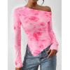 imagePRETTYGARDEN Womens Fall Trendy Off Shoulder Y2k Tops 2025 Tie Dye Mesh Long Sleeve Shirts Asymmetrical Ruched Floral BlouseFloral Pink Red