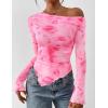 imagePRETTYGARDEN Womens Fall Trendy Off Shoulder Y2k Tops 2025 Tie Dye Mesh Long Sleeve Shirts Asymmetrical Ruched Floral BlouseFloral Pink Red