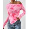 imagePRETTYGARDEN Womens Fall Trendy Off Shoulder Y2k Tops 2025 Tie Dye Mesh Long Sleeve Shirts Asymmetrical Ruched Floral BlouseFloral Pink Red