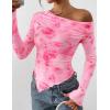 imagePRETTYGARDEN Womens Fall Trendy Off Shoulder Y2k Tops 2025 Tie Dye Mesh Long Sleeve Shirts Asymmetrical Ruched Floral BlouseFloral Pink Red