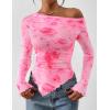 imagePRETTYGARDEN Womens Fall Trendy Off Shoulder Y2k Tops 2025 Tie Dye Mesh Long Sleeve Shirts Asymmetrical Ruched Floral BlouseFloral Pink Red