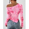 imagePRETTYGARDEN Womens Fall Trendy Off Shoulder Y2k Tops 2025 Tie Dye Mesh Long Sleeve Shirts Asymmetrical Ruched Floral BlouseFloral Pink Red