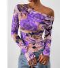 imagePRETTYGARDEN Womens Fall Trendy Off Shoulder Y2k Tops 2025 Tie Dye Mesh Long Sleeve Shirts Asymmetrical Ruched Floral BlouseFloral Purple