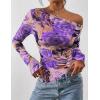 imagePRETTYGARDEN Womens Fall Trendy Off Shoulder Y2k Tops 2025 Tie Dye Mesh Long Sleeve Shirts Asymmetrical Ruched Floral BlouseFloral Purple