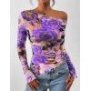 imagePRETTYGARDEN Womens Fall Trendy Off Shoulder Y2k Tops 2025 Tie Dye Mesh Long Sleeve Shirts Asymmetrical Ruched Floral BlouseFloral Purple
