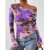 imagePRETTYGARDEN Womens Fall Trendy Off Shoulder Y2k Tops 2025 Tie Dye Mesh Long Sleeve Shirts Asymmetrical Ruched Floral BlouseFloral Purple