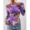 imagePRETTYGARDEN Womens Fall Trendy Off Shoulder Y2k Tops 2025 Tie Dye Mesh Long Sleeve Shirts Asymmetrical Ruched Floral BlouseFloral Purple