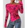 imagePRETTYGARDEN Womens Fall Trendy Off Shoulder Y2k Tops 2025 Tie Dye Mesh Long Sleeve Shirts Asymmetrical Ruched Floral BlouseFloral Rose Red